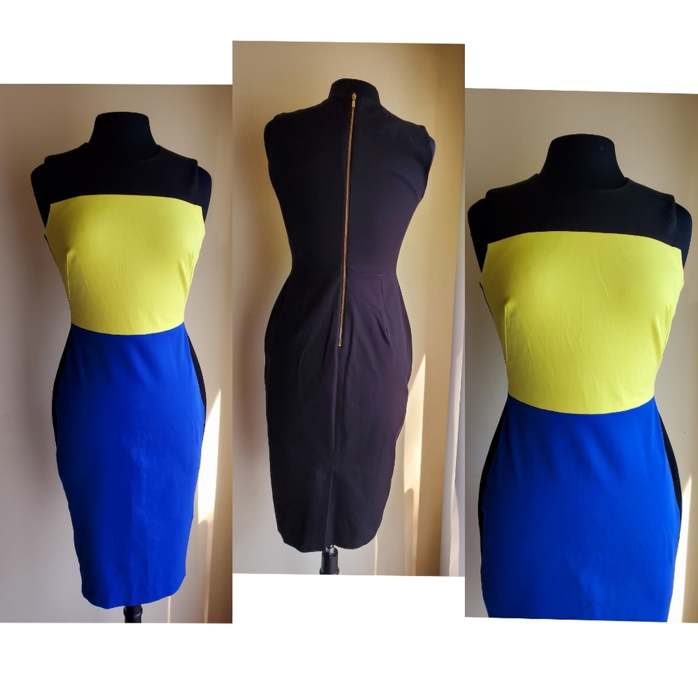 Calvin Klein black blue yellow green midi dress